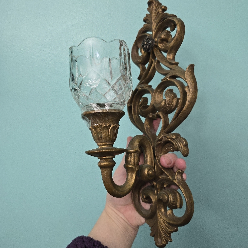 Vtg Burwood Wall Sconces 2 Ornate Gold/bronze Scroll Candle Holders w/votives - Picture 4 of 12